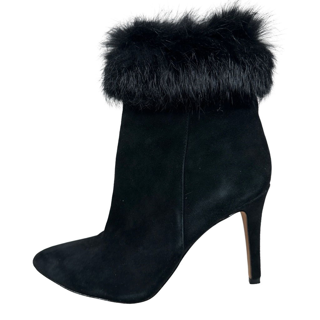 Antonio Melani Black Suede Fur-Trimmed Ankle Boots Pumps Bootie Leather